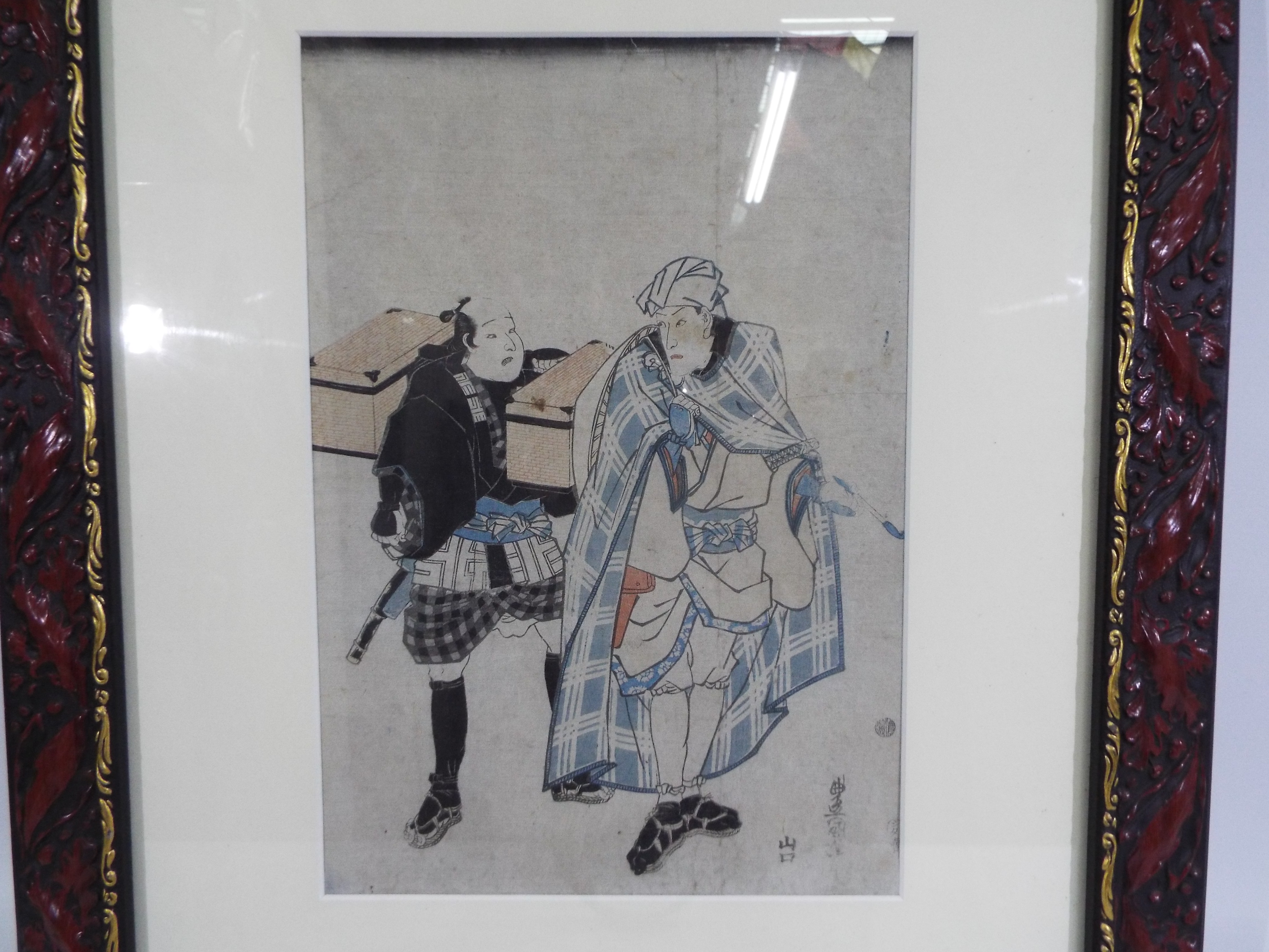 A woodblock print depicting two male fig - Image 2 of 4