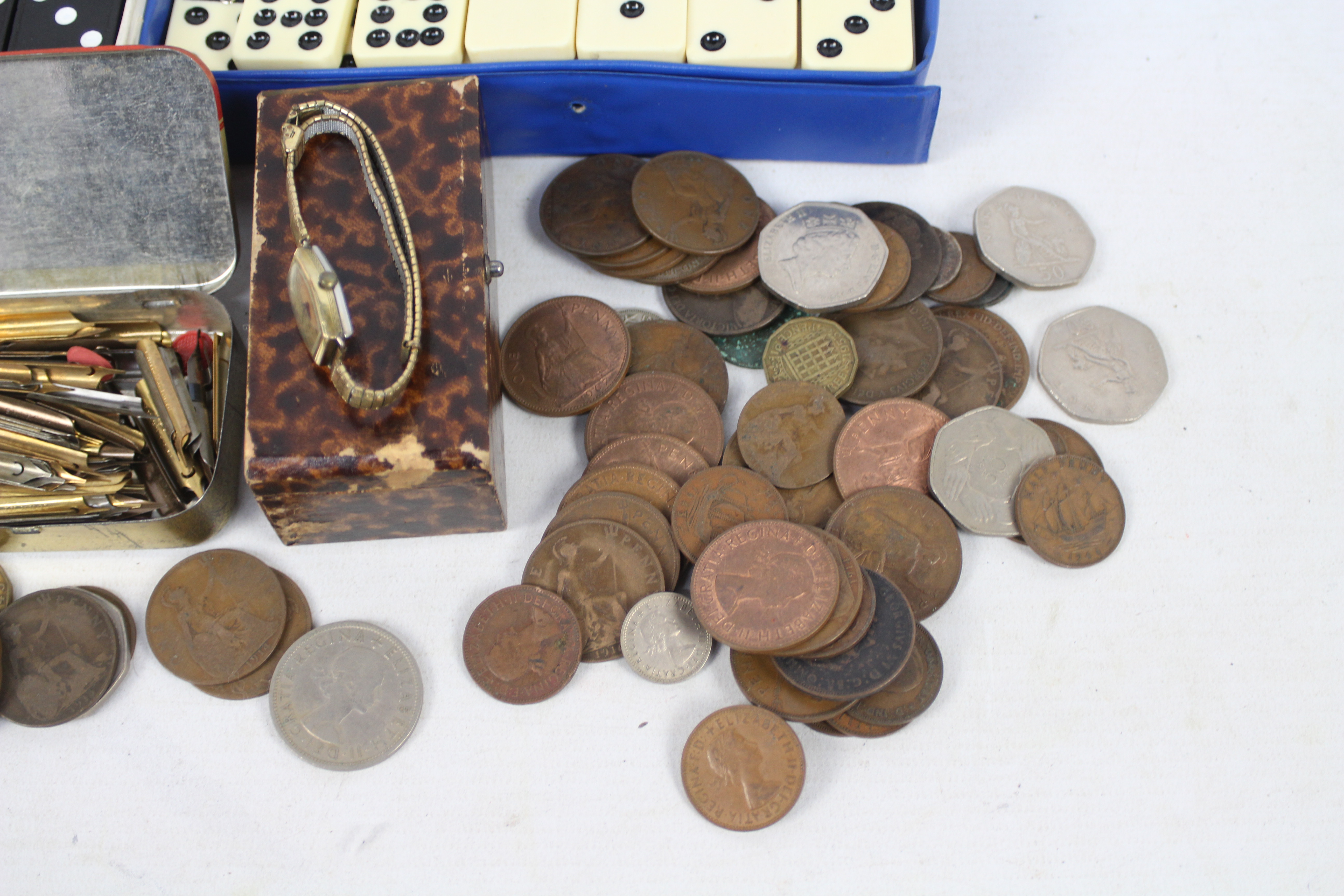 Lot to include a vintage wrist watch, two sets of double nine dominoes, playing cards, pen nibs, - Image 3 of 4