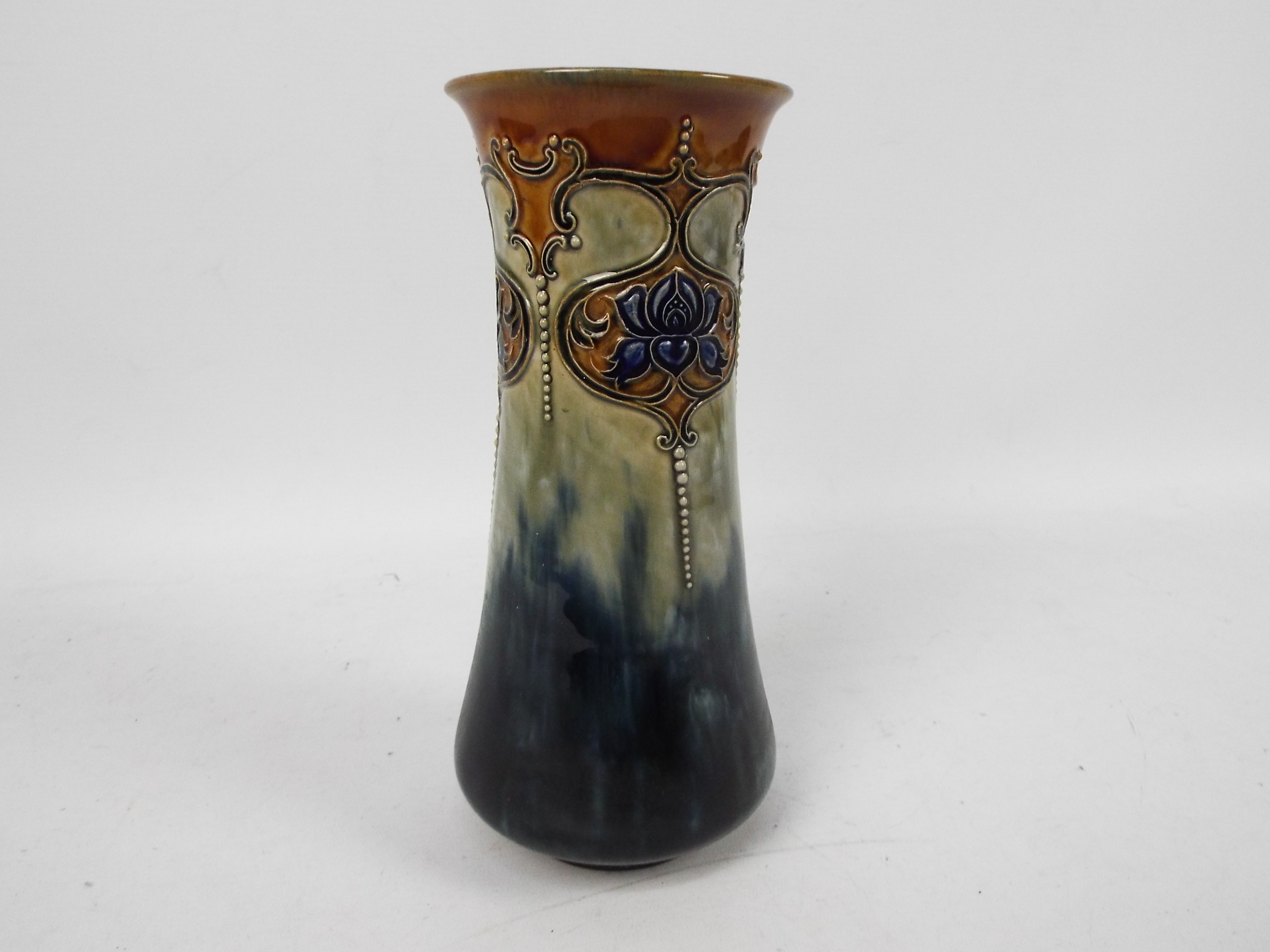 A Royal Doulton stoneware vase of tapering cylindrical form decorated with Art Nouveau flowers, - Image 4 of 6