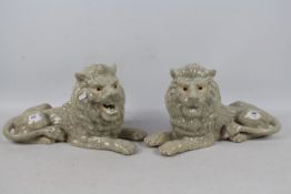 A large pair of crackle glaze lions, impressed seal mark to the base of one,