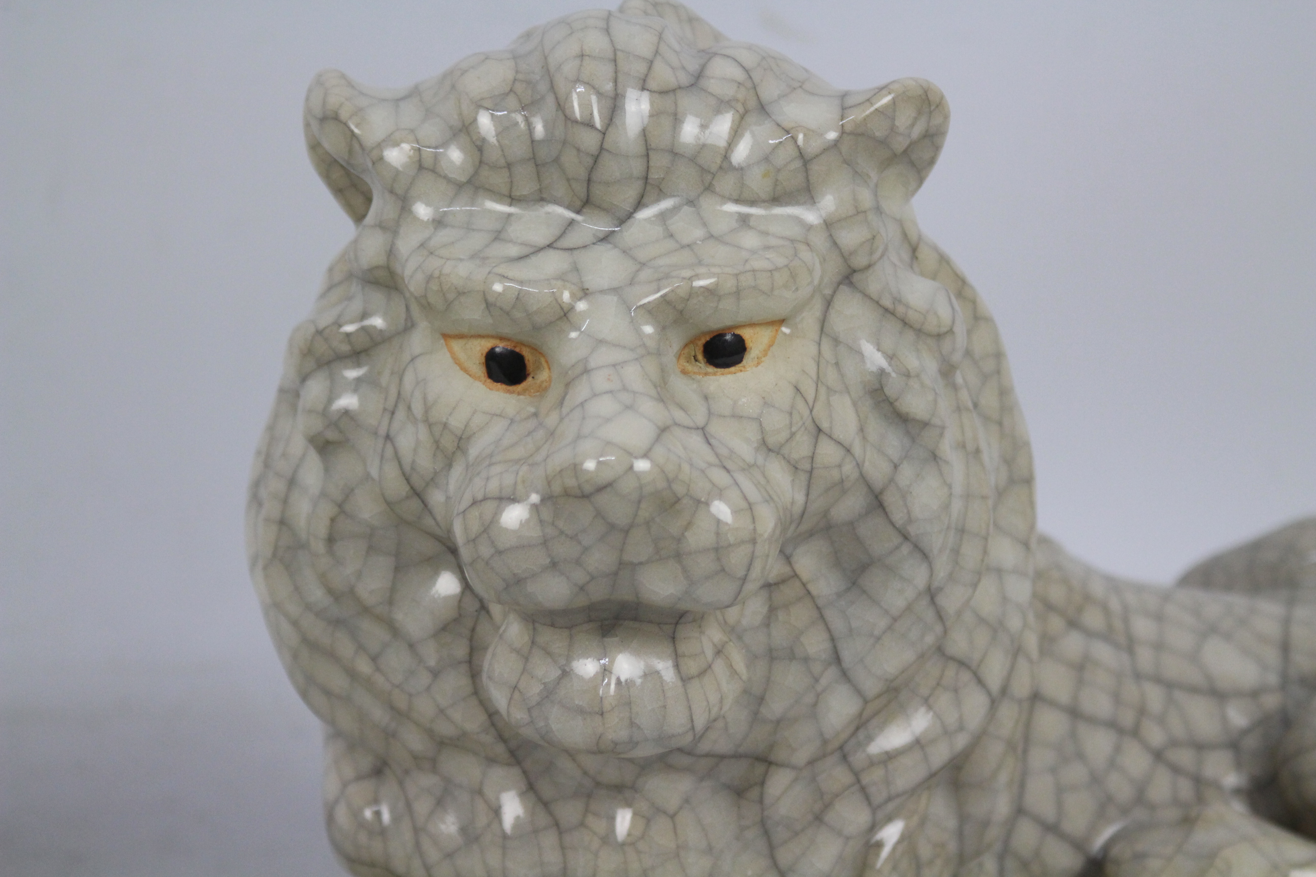 A large pair of crackle glaze lions, impressed seal mark to the base of one, - Image 5 of 8