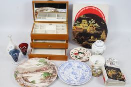 A mixed lot comprising a jewellery box, ceramics including Wedgwood, glassware and other.