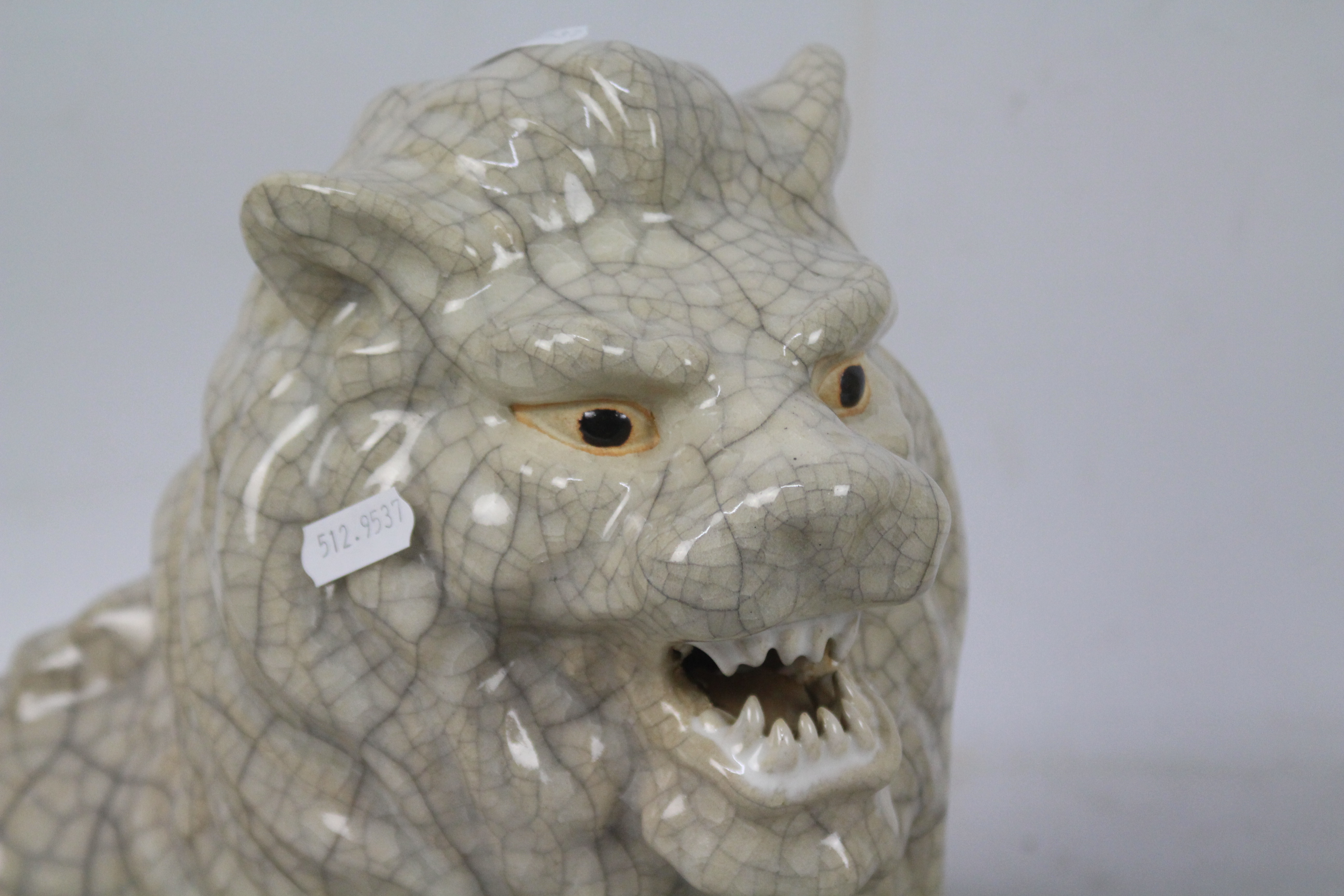 A large pair of crackle glaze lions, impressed seal mark to the base of one, - Image 3 of 8