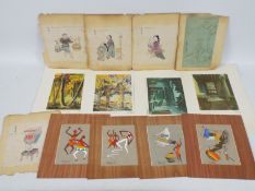 Five vintage Oriental pictures, ink and watercolour, each approximately 18 cm x 18 cm image size,