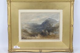 A watercolour landscape scene with a figure to the fore of a mountainous background,