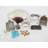 Vintage collectables to include hip flasks, spectacles,
