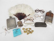 Vintage collectables to include hip flasks, spectacles,
