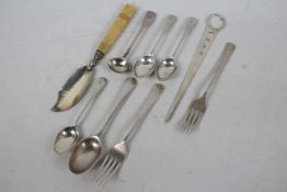 A collection of silver flatware and a silver letter opener, various assay and sponsors marks,