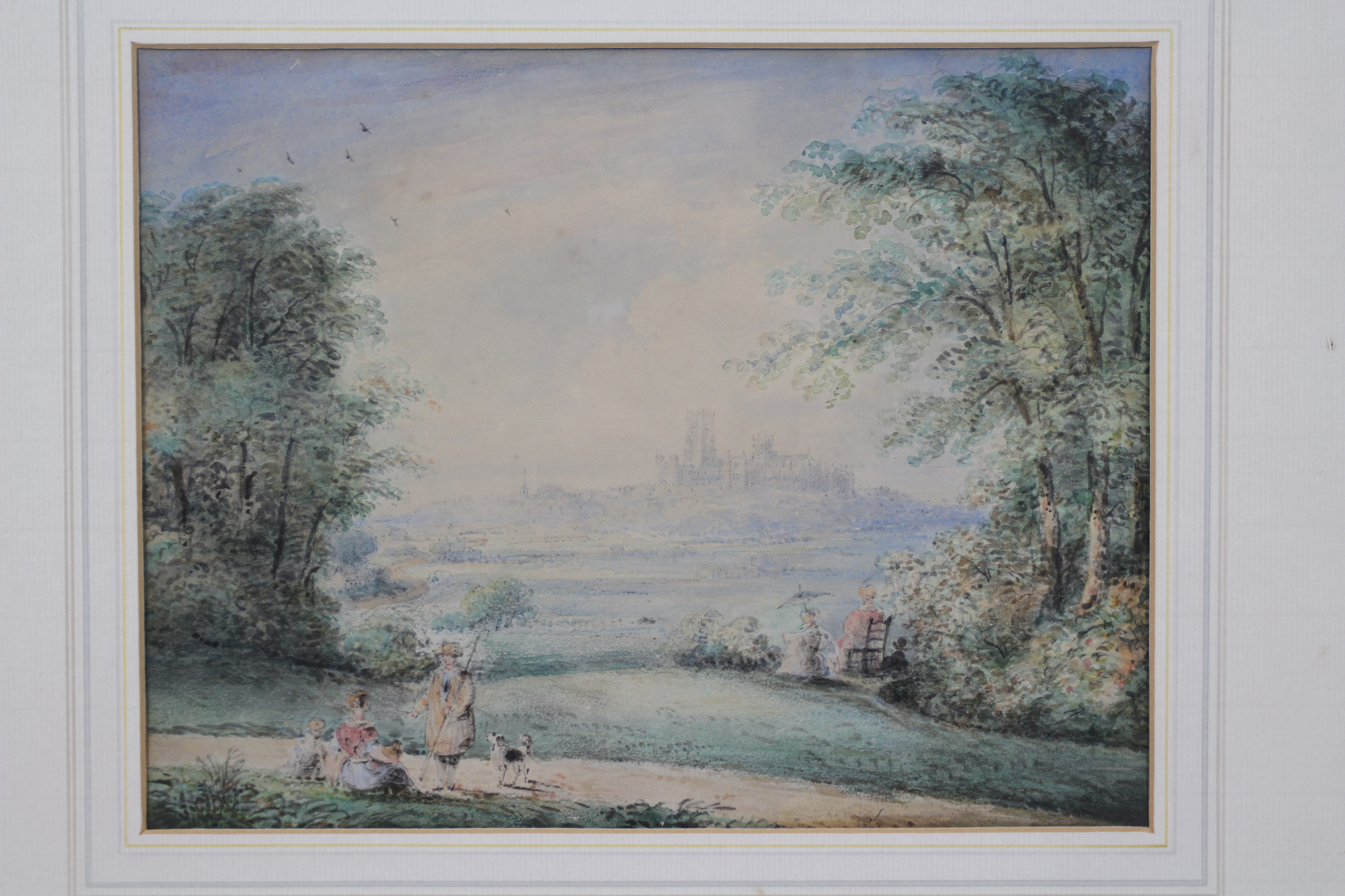 A watercolour landscape scene with figures in the fore and a hilltop edifice in the background, - Image 2 of 3