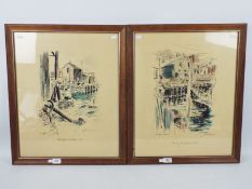 Two framed lithograph prints after John Haymson, each depicting a New England Harbour,