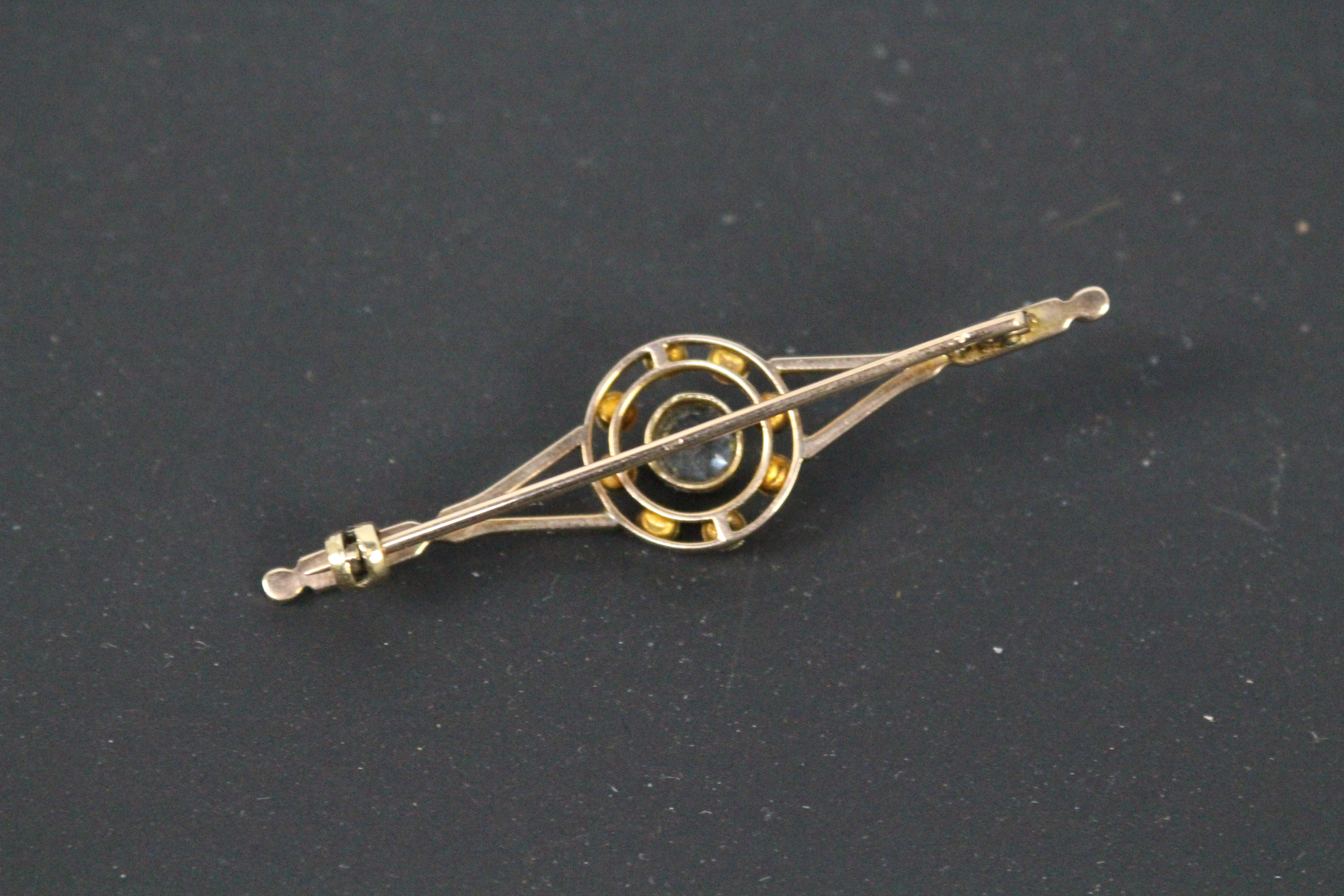 An aquamarine and seed pearl bar brooch in unmarked rose metal (presumed 9ct), 5. - Image 3 of 3