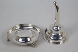 A hallmarked silver wine funnel and stand,