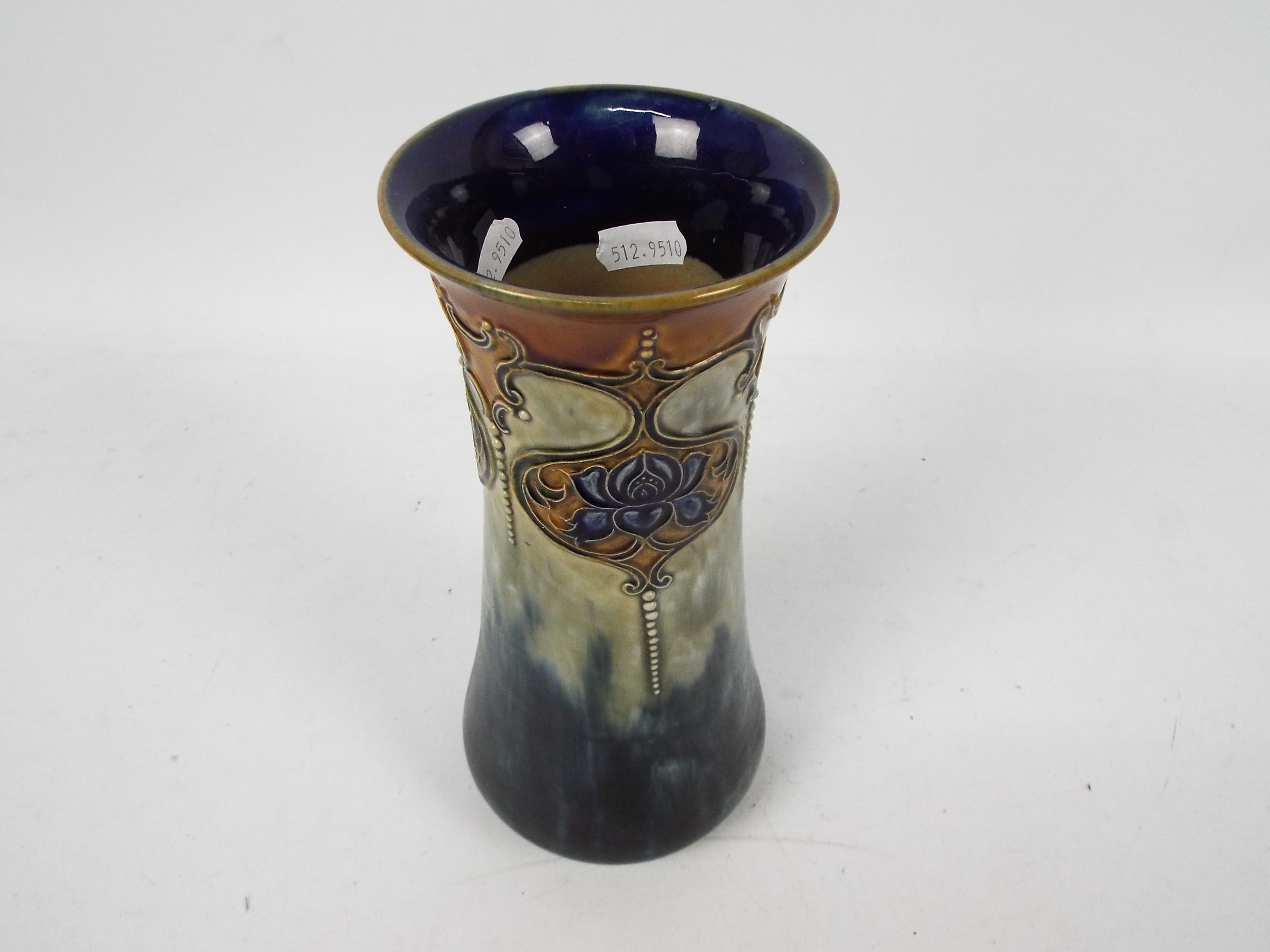 A Royal Doulton stoneware vase of tapering cylindrical form decorated with Art Nouveau flowers, - Image 5 of 6