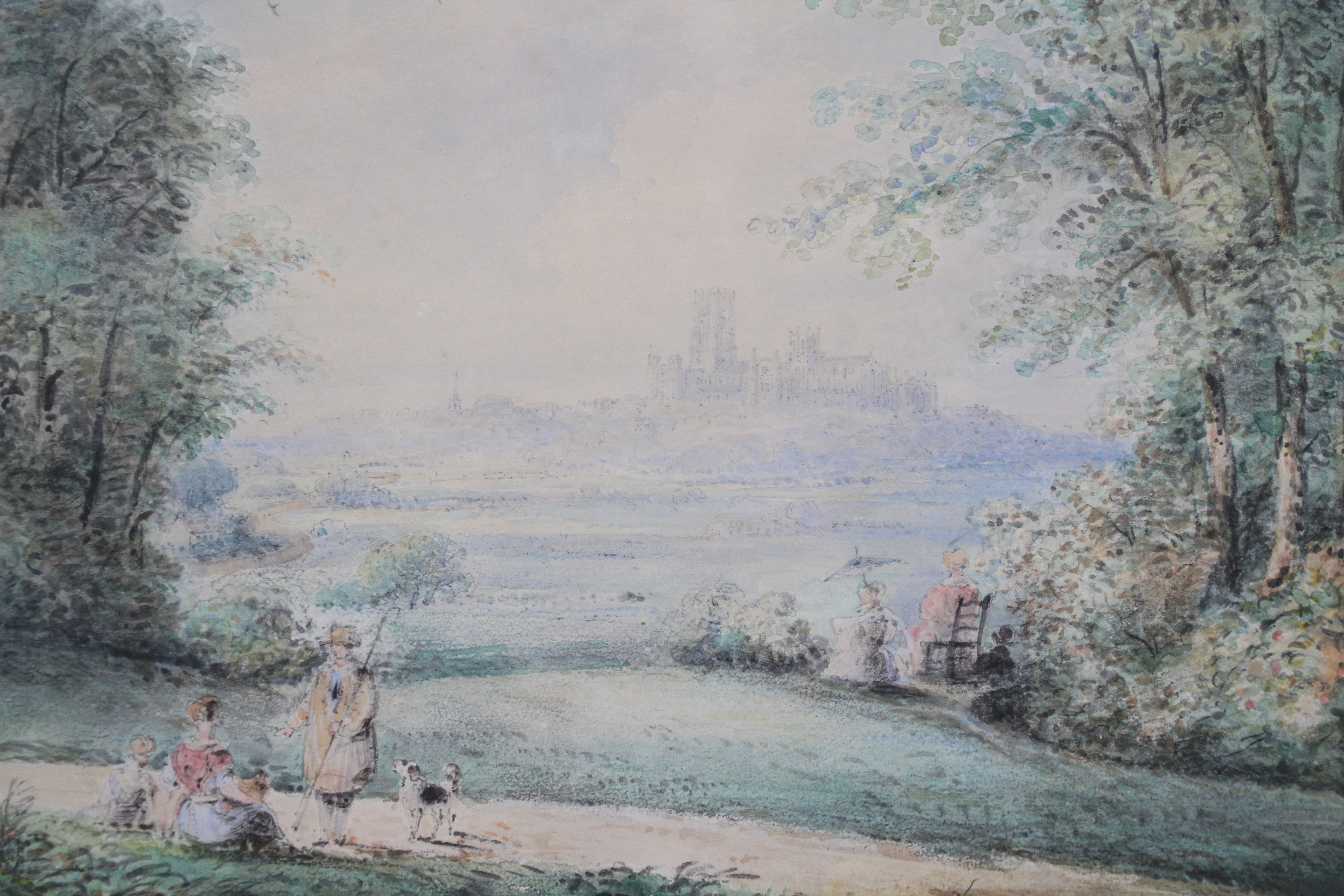A watercolour landscape scene with figures in the fore and a hilltop edifice in the background, - Image 3 of 3