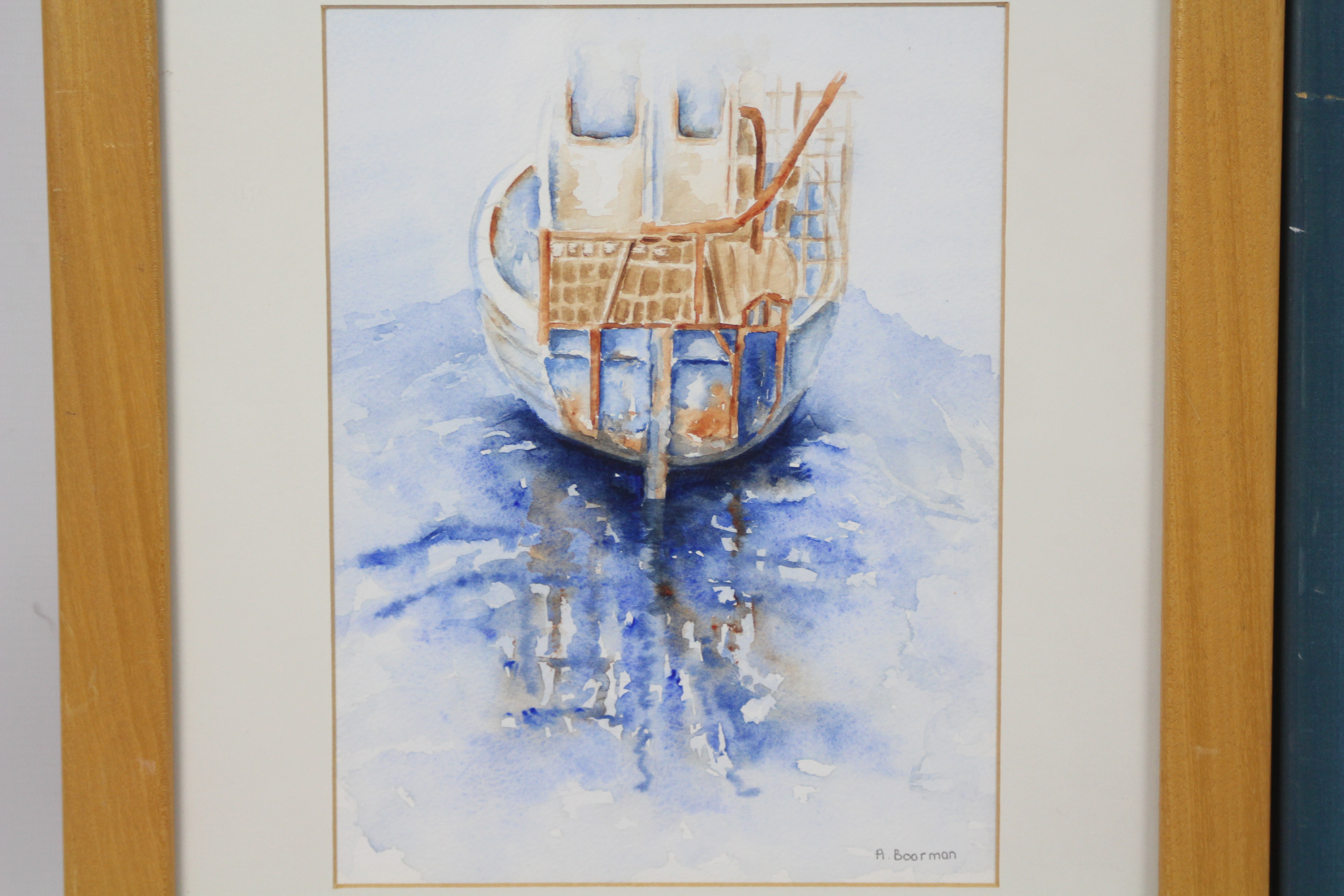 Two framed pieces of wall art comprising a watercolour depicting a boat on the water, - Image 2 of 6