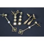 9ct gold - Three pairs of earrings comprising a pair of hallmarked, graduated pearl drop earrings,