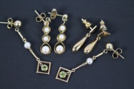 9ct gold - Three pairs of earrings comprising a pair of hallmarked, graduated pearl drop earrings,