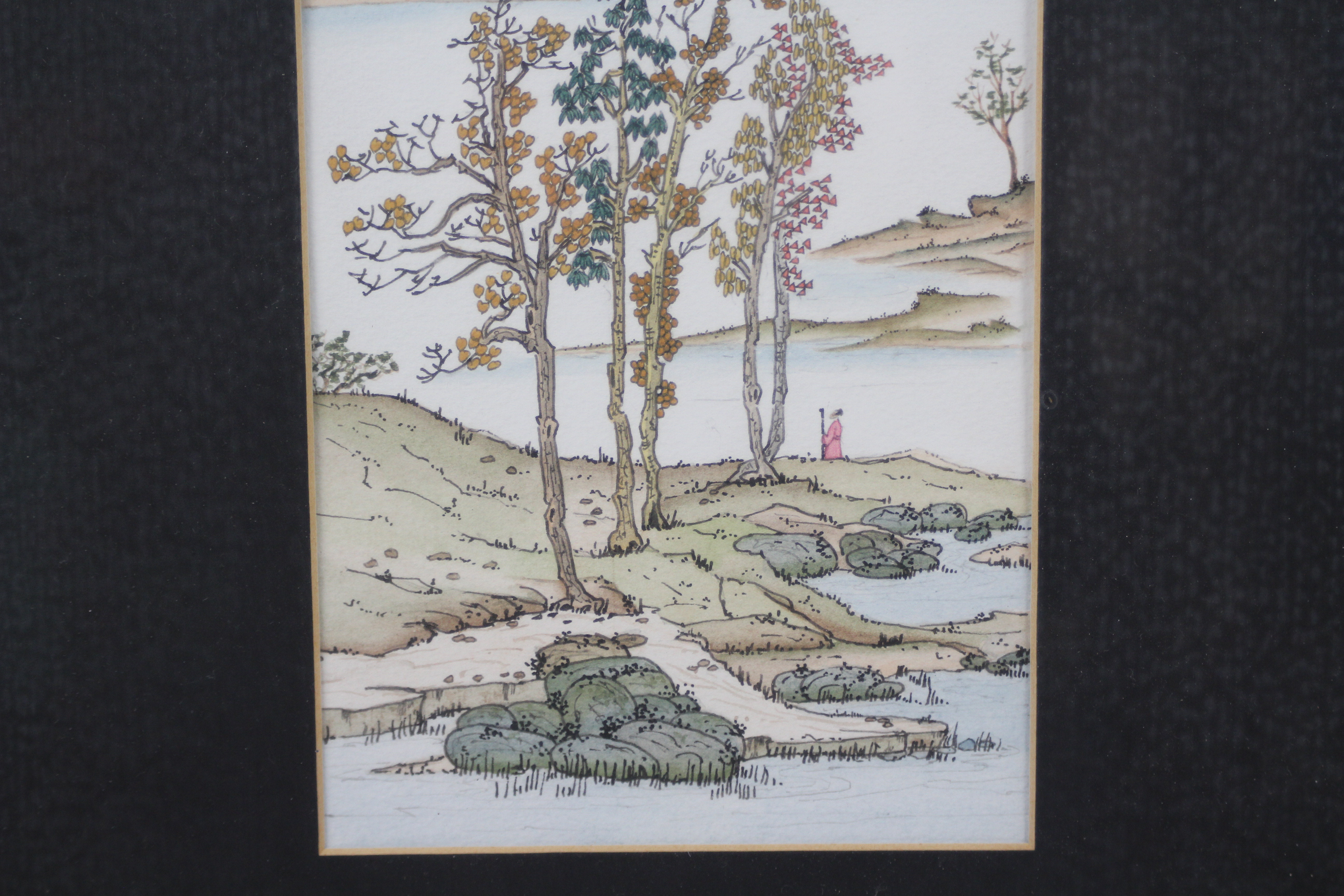 A Watercolour and ink landscape scene with calligraphy poem, mounted and framed under glass, - Image 4 of 6