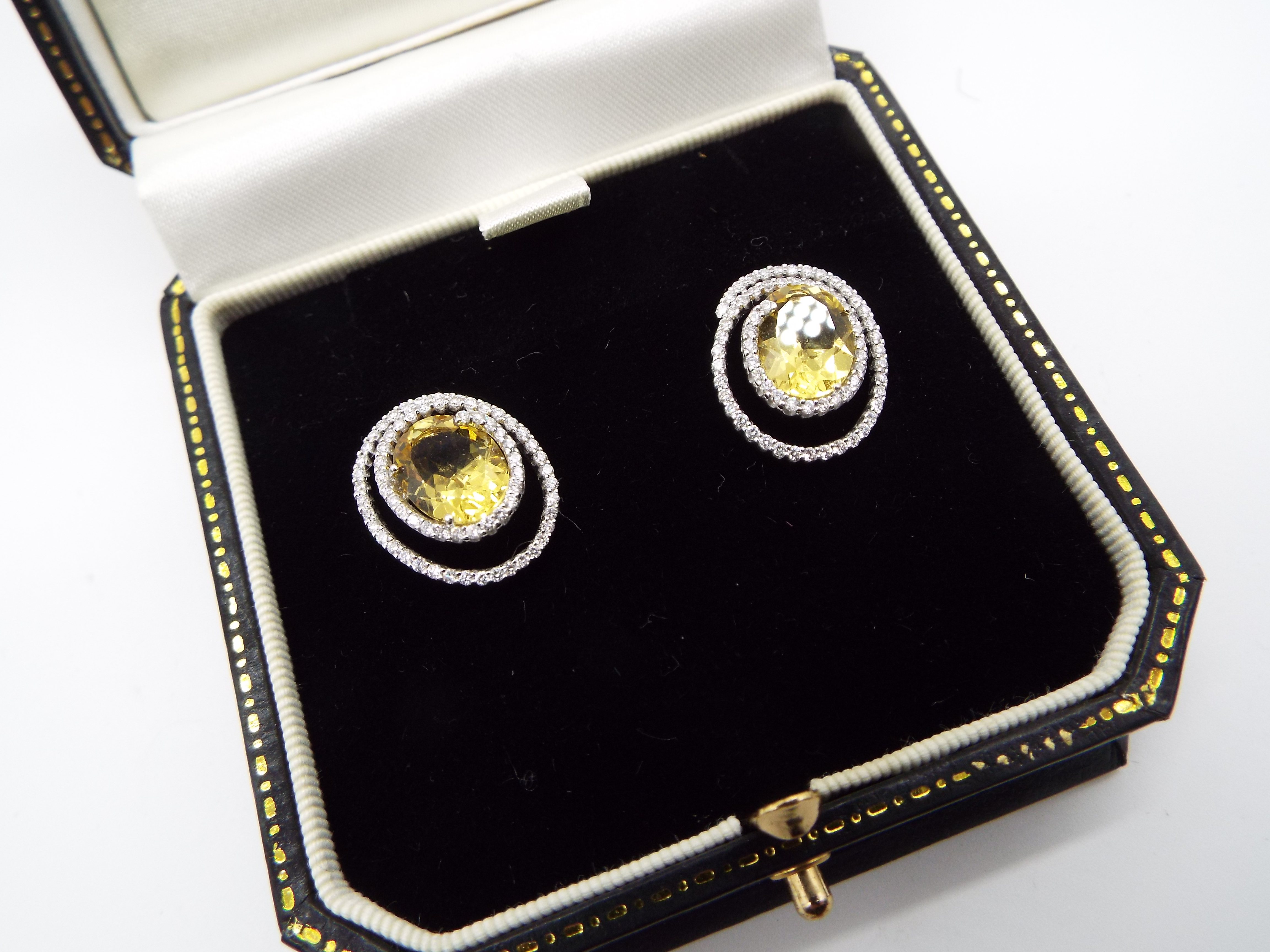 A pair of yellow Beryl and white Diamond earrings with white metal mounts stamped 18K (18 carat), - Image 2 of 3