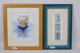 Two framed pieces of wall art comprising a watercolour depicting a boat on the water,