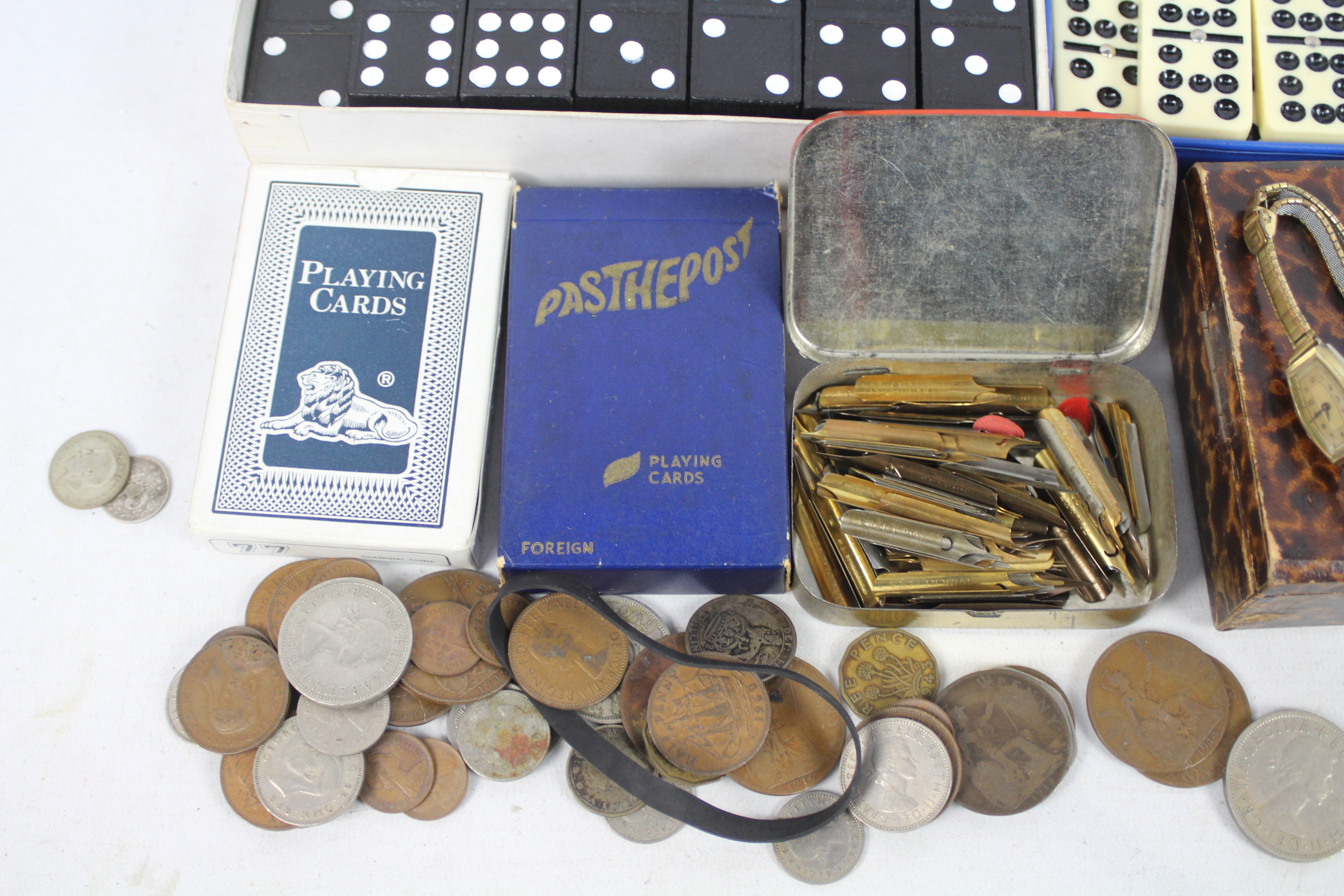 Lot to include a vintage wrist watch, two sets of double nine dominoes, playing cards, pen nibs, - Image 2 of 4