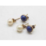 A pair of 9ct gold mounted, lapis lazuli ear studs and one further pair of ear studs.