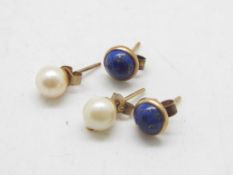 A pair of 9ct gold mounted, lapis lazuli ear studs and one further pair of ear studs.