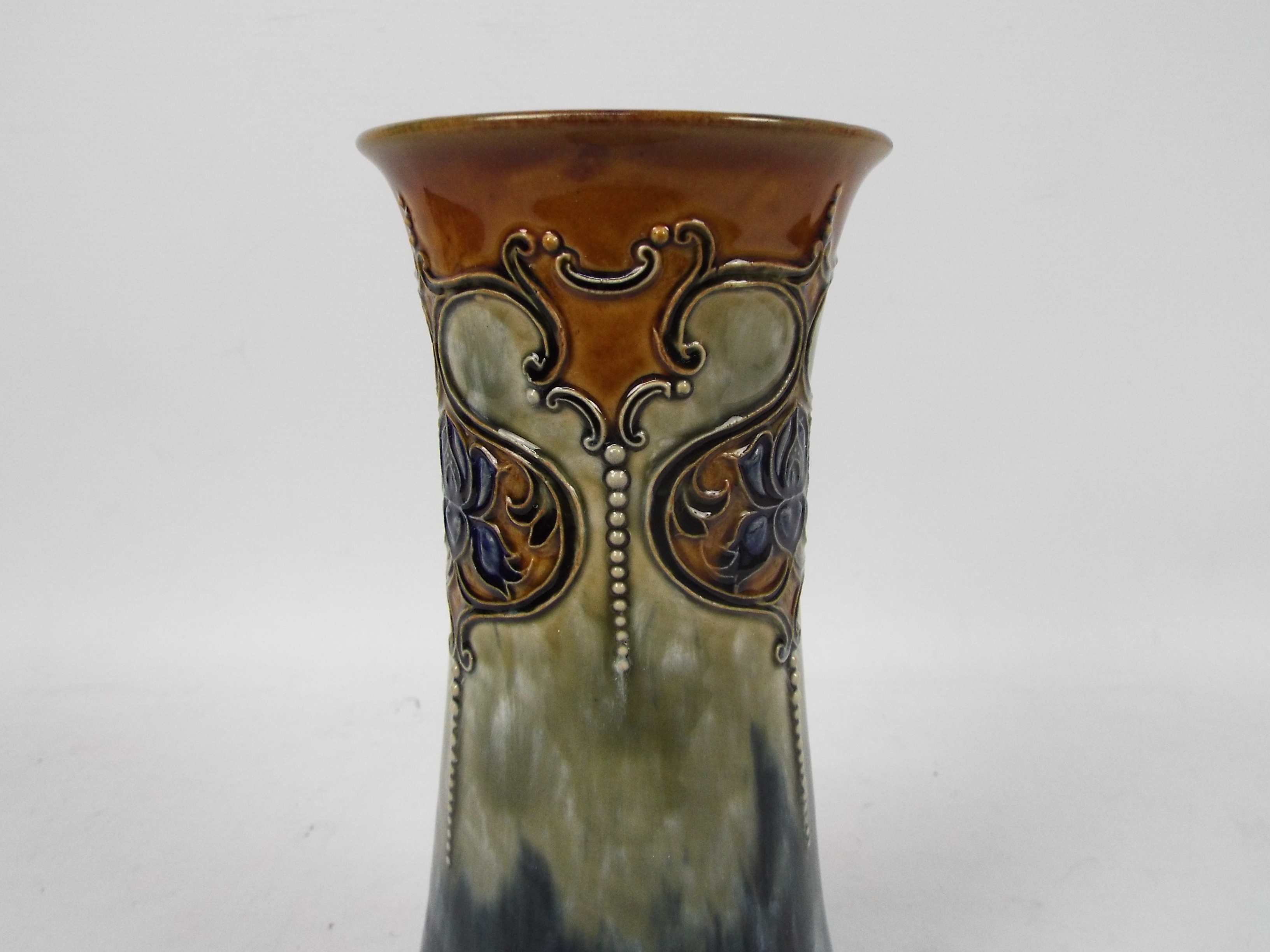 A Royal Doulton stoneware vase of tapering cylindrical form decorated with Art Nouveau flowers, - Image 2 of 6