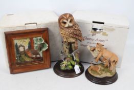 Country Artists - Three models comprising a large Tawny Owl With Honeysuckle,