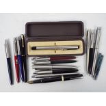 A collection of pens, predominantly Parker to include a Parker 17 and a propelling pencil.
