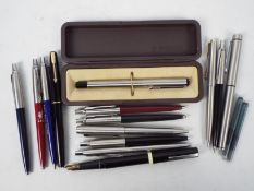 A collection of pens, predominantly Parker to include a Parker 17 and a propelling pencil.