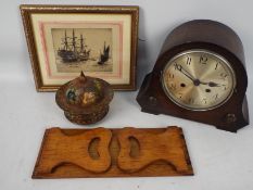 Lot to include an oak cased mantel clock, carved wooden book slide,