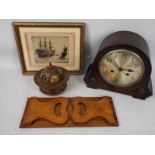 Lot to include an oak cased mantel clock, carved wooden book slide,