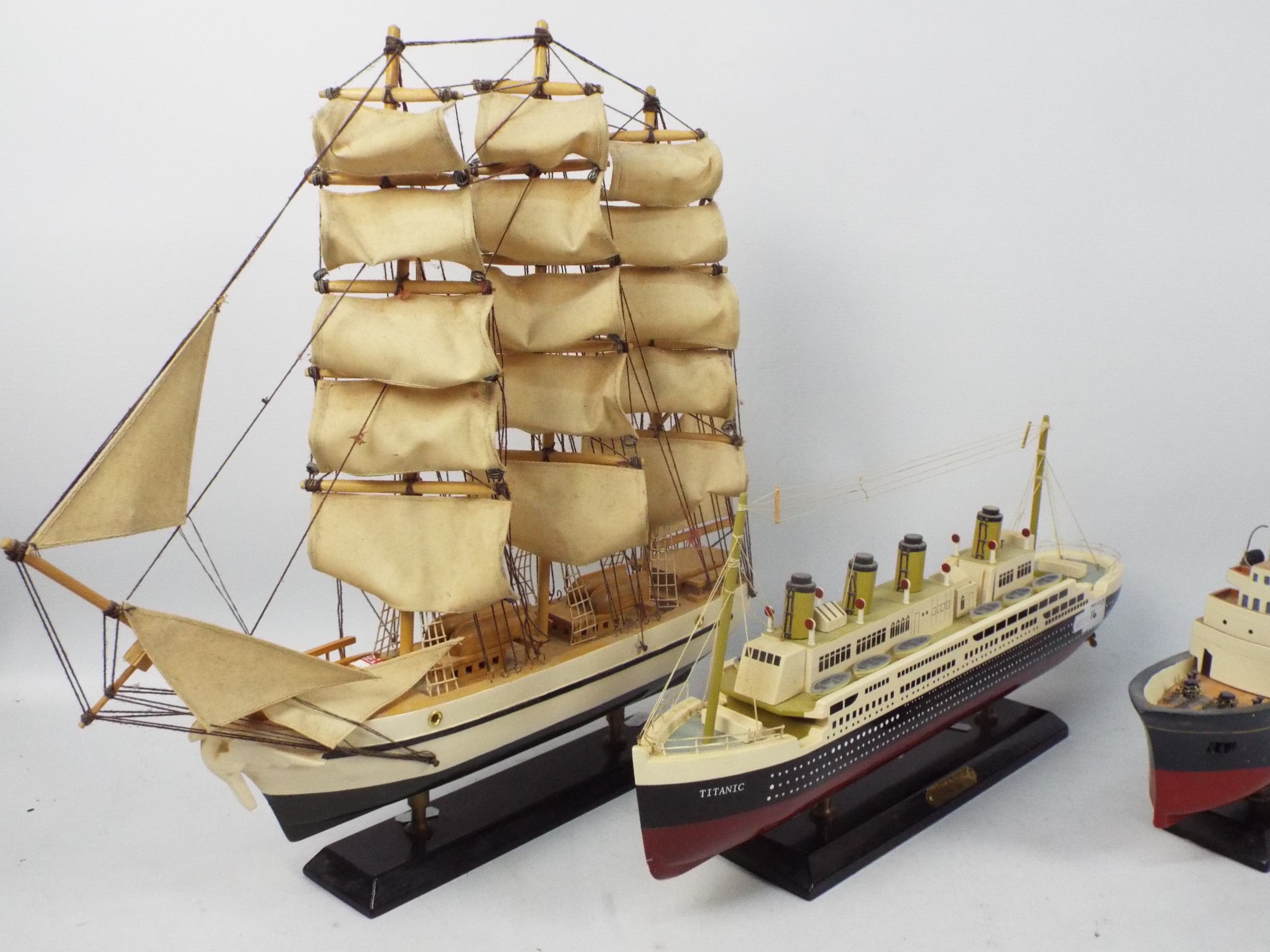 Three model ships raised on plinths to include Titanic, Britannia and other, - Image 4 of 4