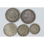 Silver Coins - Lot to include a Uruguayan 1 Peso 1877, Spain 5 Pesetas 1889,