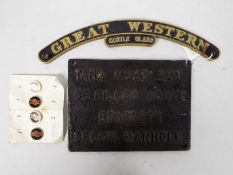 Railwayana - Lot to include warning sign, lapel badges and other.