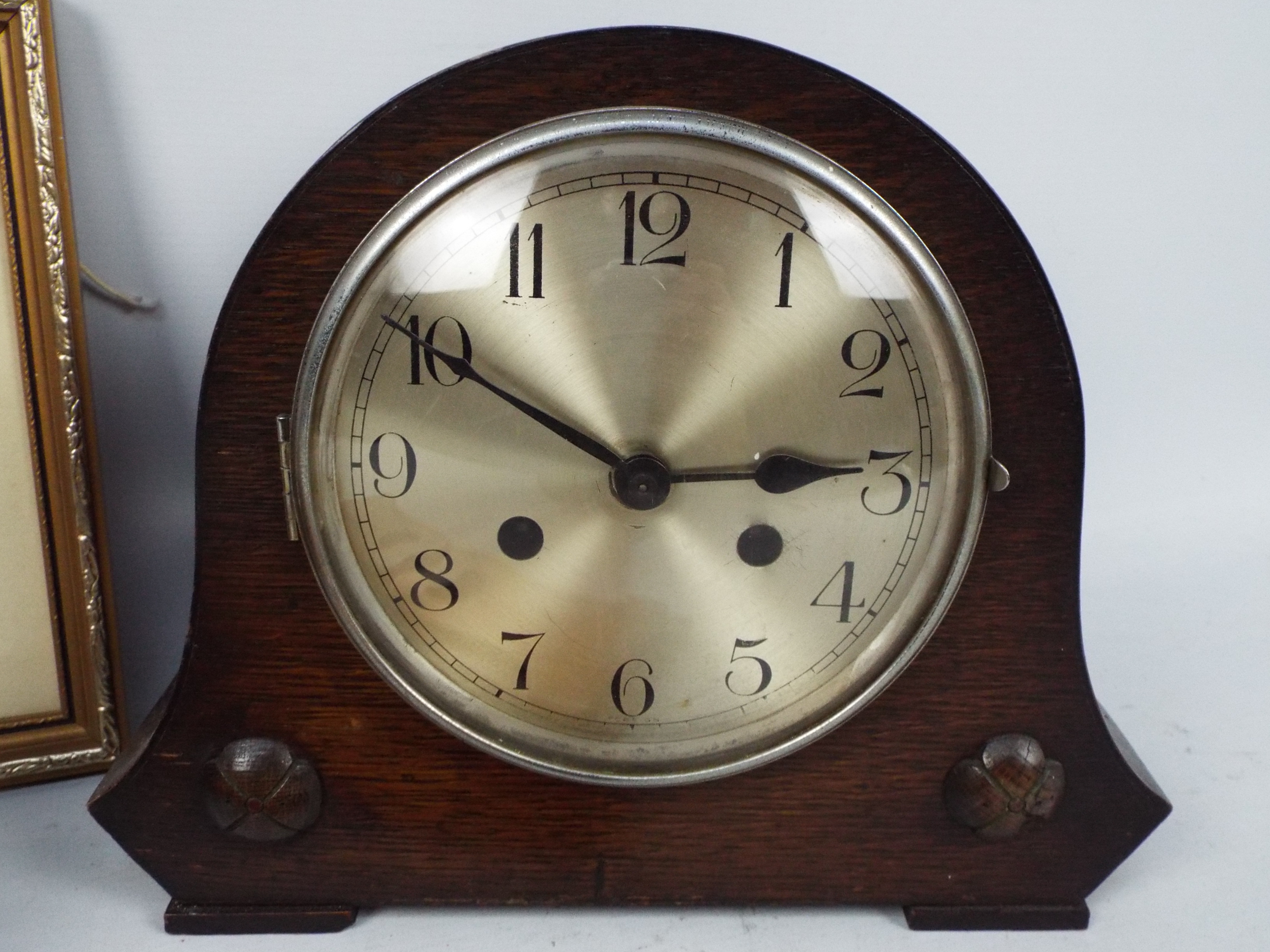 Lot to include an oak cased mantel clock, carved wooden book slide, - Image 2 of 7