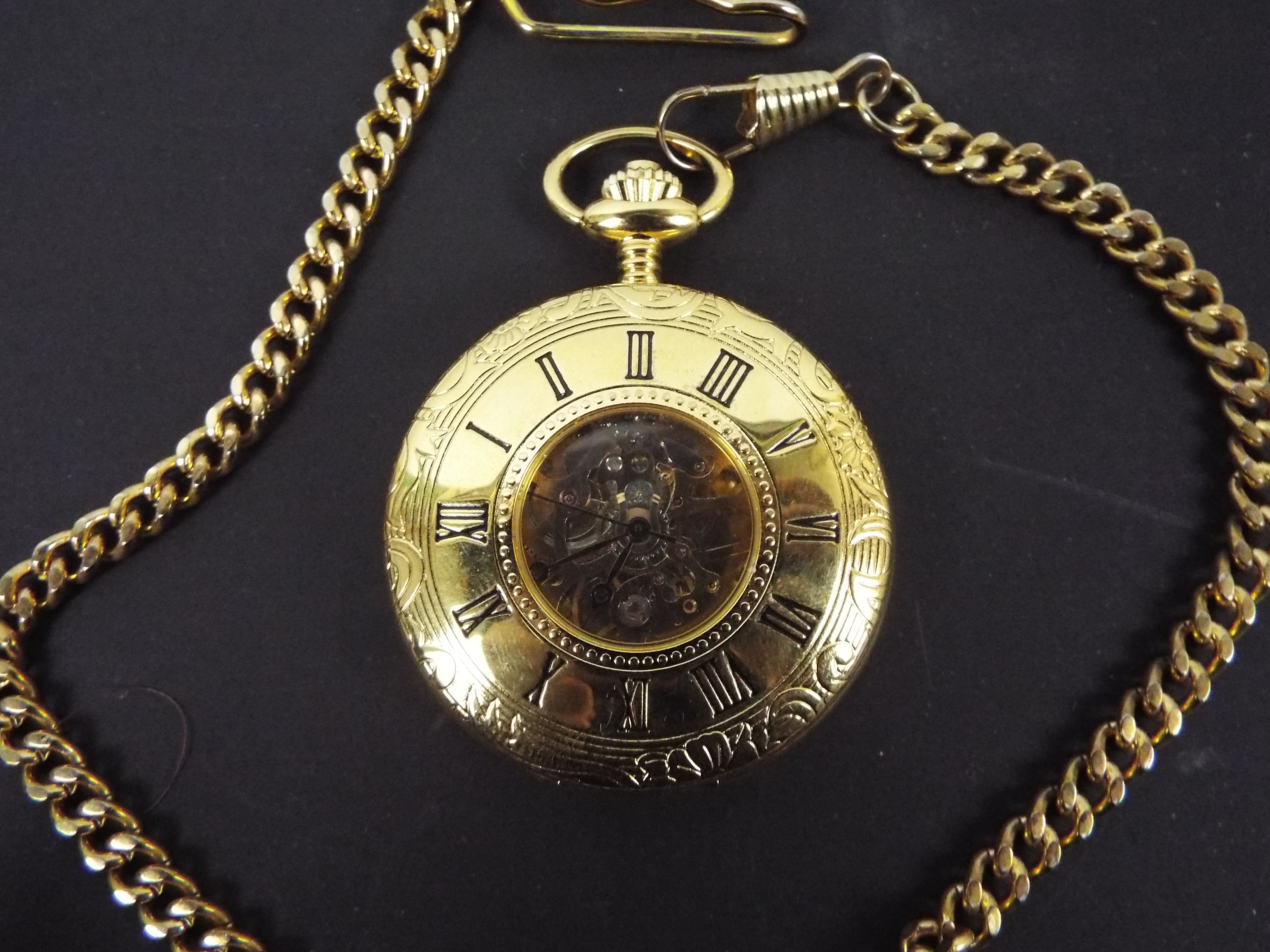A modern, gold plated, half hunter, keyless wind pocket watch and chain by Rapport, - Image 2 of 5