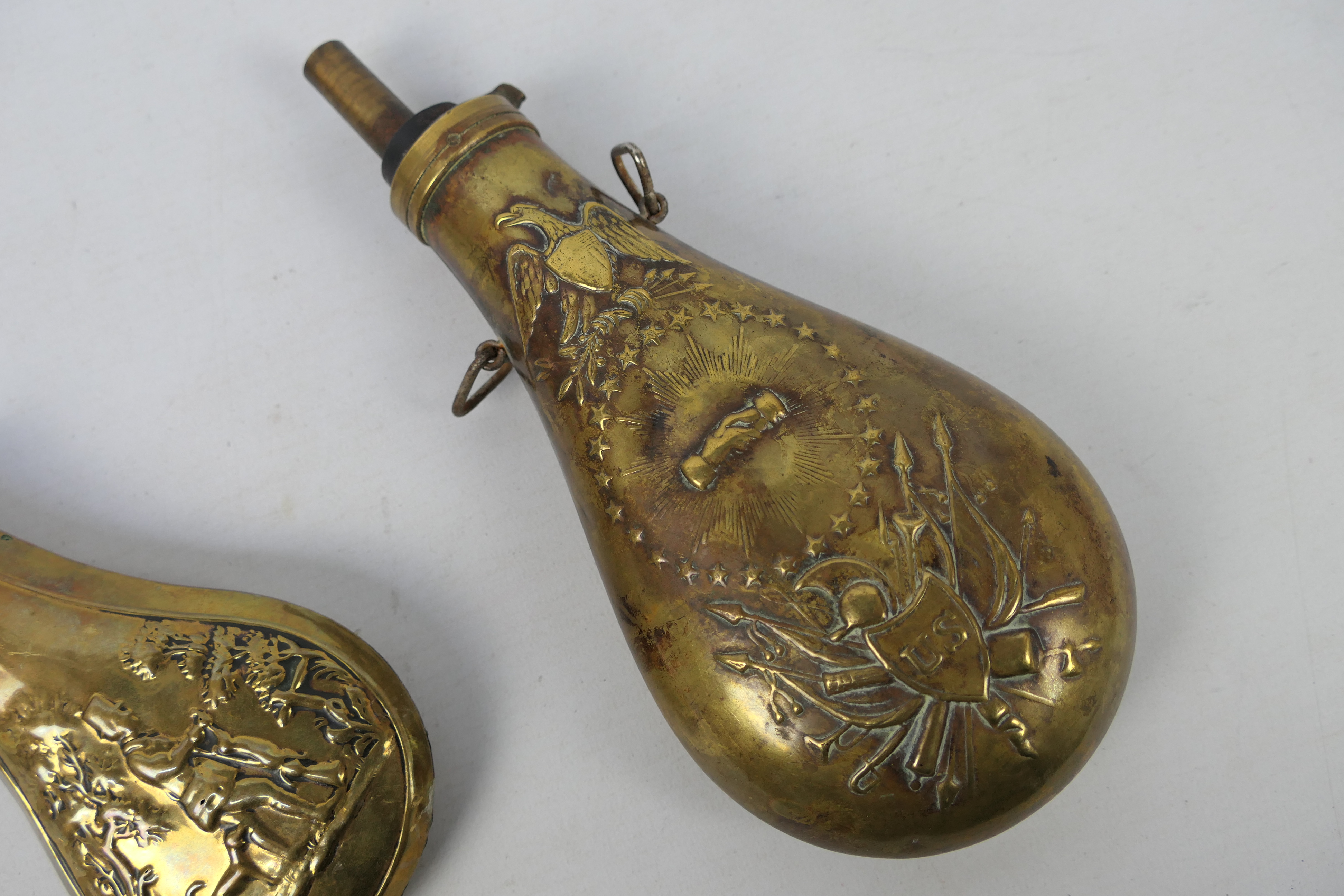 Two brass powder flasks one embossed with hunting scene and a US Model 1855 Peace or Zouave type. - Image 7 of 7