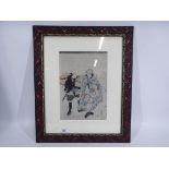 A woodblock print depicting two male figures, signed, mounted and framed under glass,