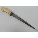 An Indo-Persian dagger, Pesh Kabz, 30 cm blade with two piece bone grip, 41 cm (l).