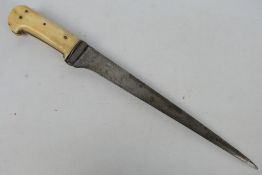 An Indo-Persian dagger, Pesh Kabz, 30 cm blade with two piece bone grip, 41 cm (l).
