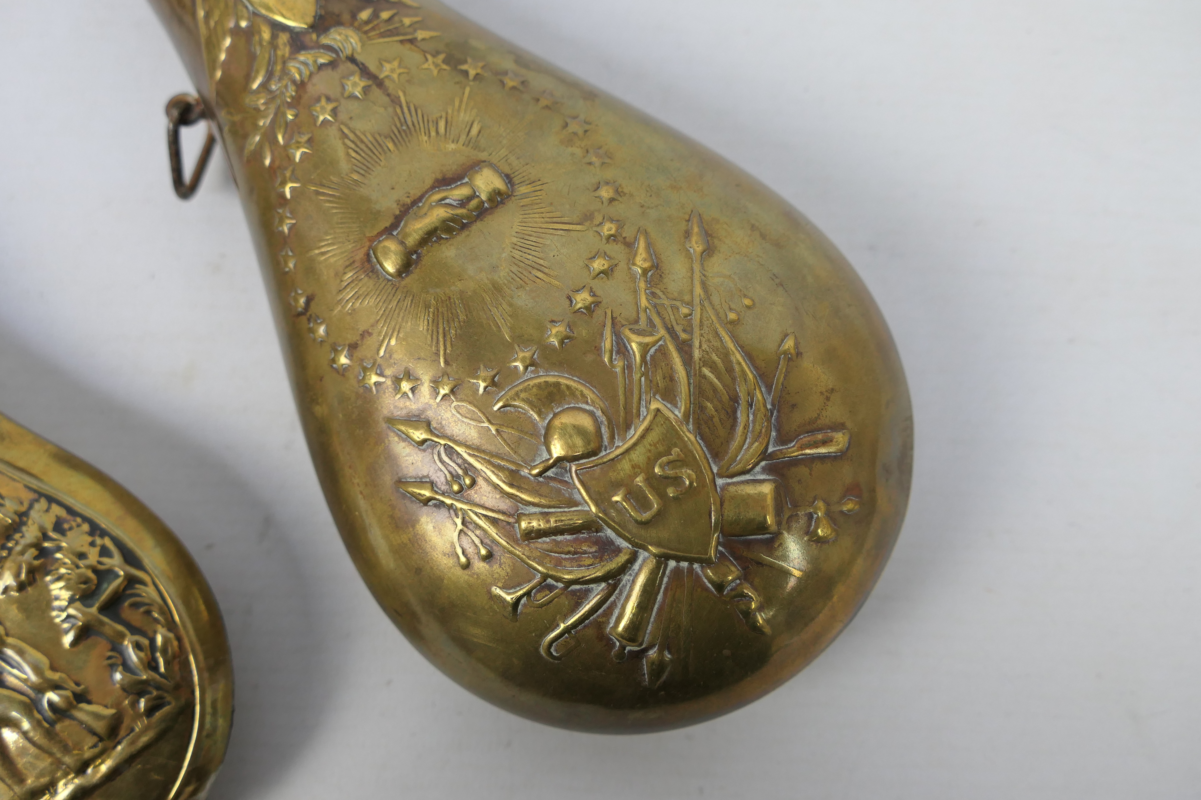 Two brass powder flasks one embossed with hunting scene and a US Model 1855 Peace or Zouave type. - Image 5 of 7