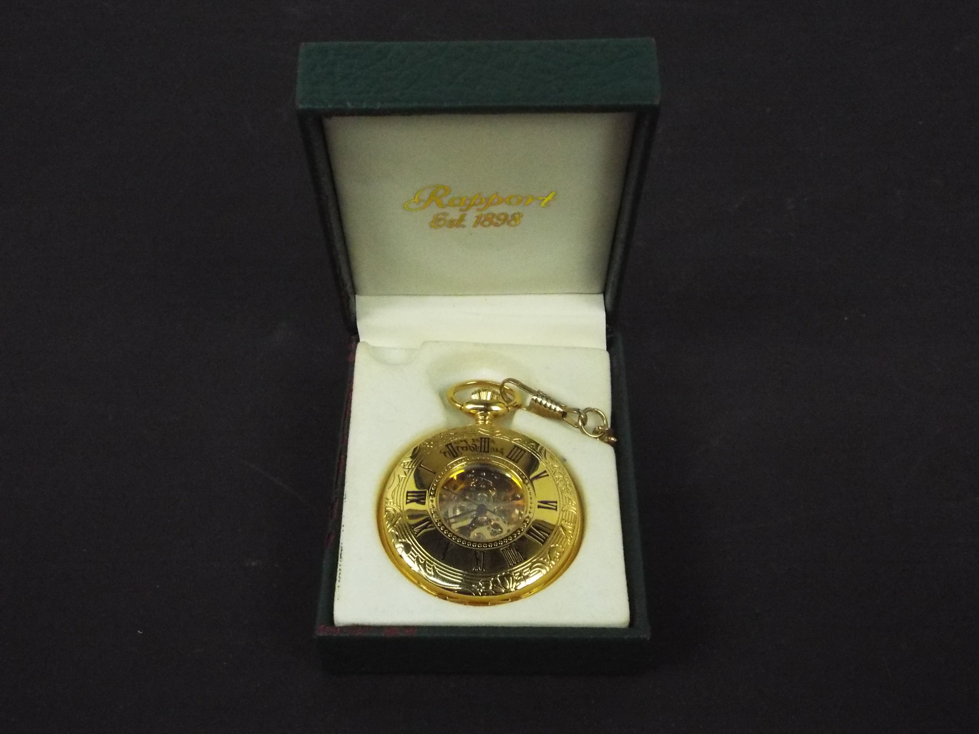 A modern, gold plated, half hunter, keyless wind pocket watch and chain by Rapport, - Image 5 of 5