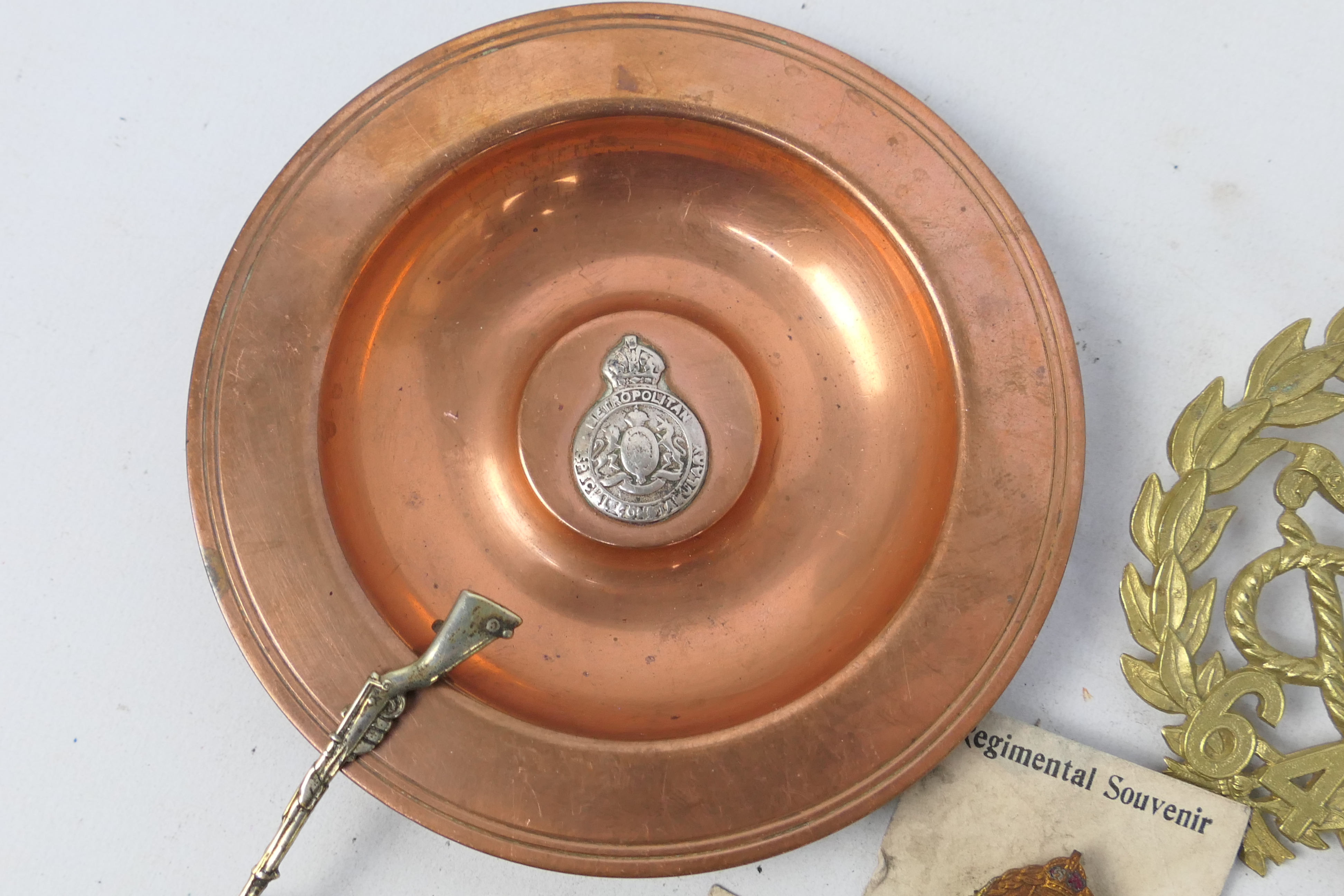 A collection of sweetheart brooches and similar and a copper dish with applied Metropolitan Special - Image 2 of 5