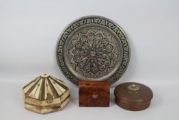 Lot to include a Cairoware style charger with copper inlaid white metal, a Vizagapatam style box,