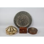 Lot to include a Cairoware style charger with copper inlaid white metal, a Vizagapatam style box,