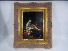 A framed print with overpaint depicting a young girl with flowers,