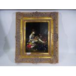 A framed print with overpaint depicting a young girl with flowers,