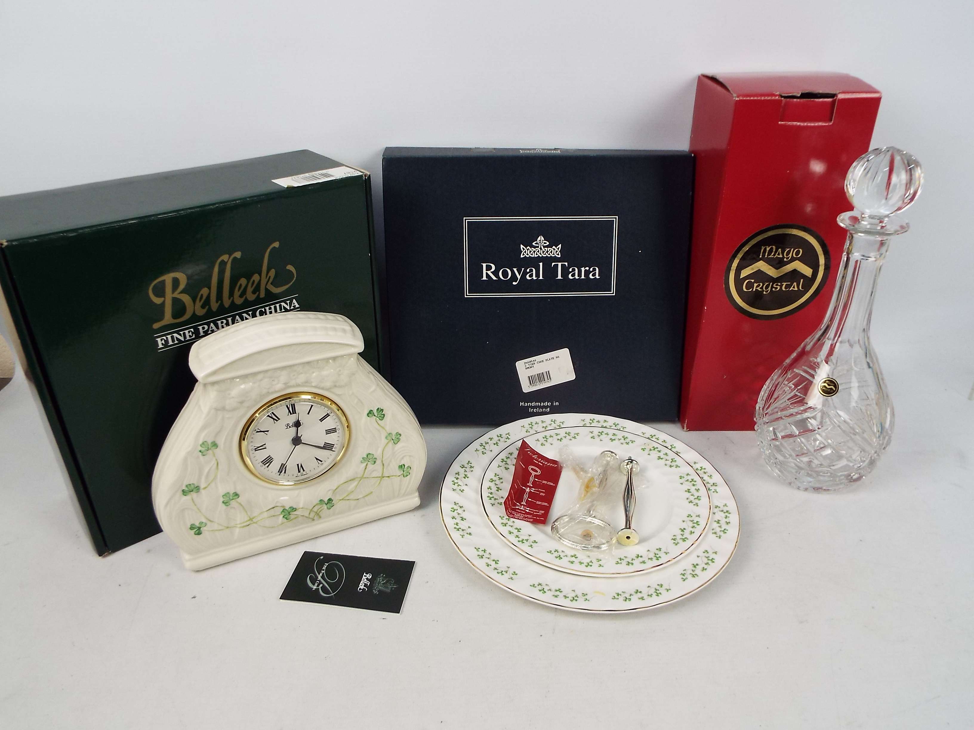 Lot to include a boxed Belleek Daisy mantel clock,